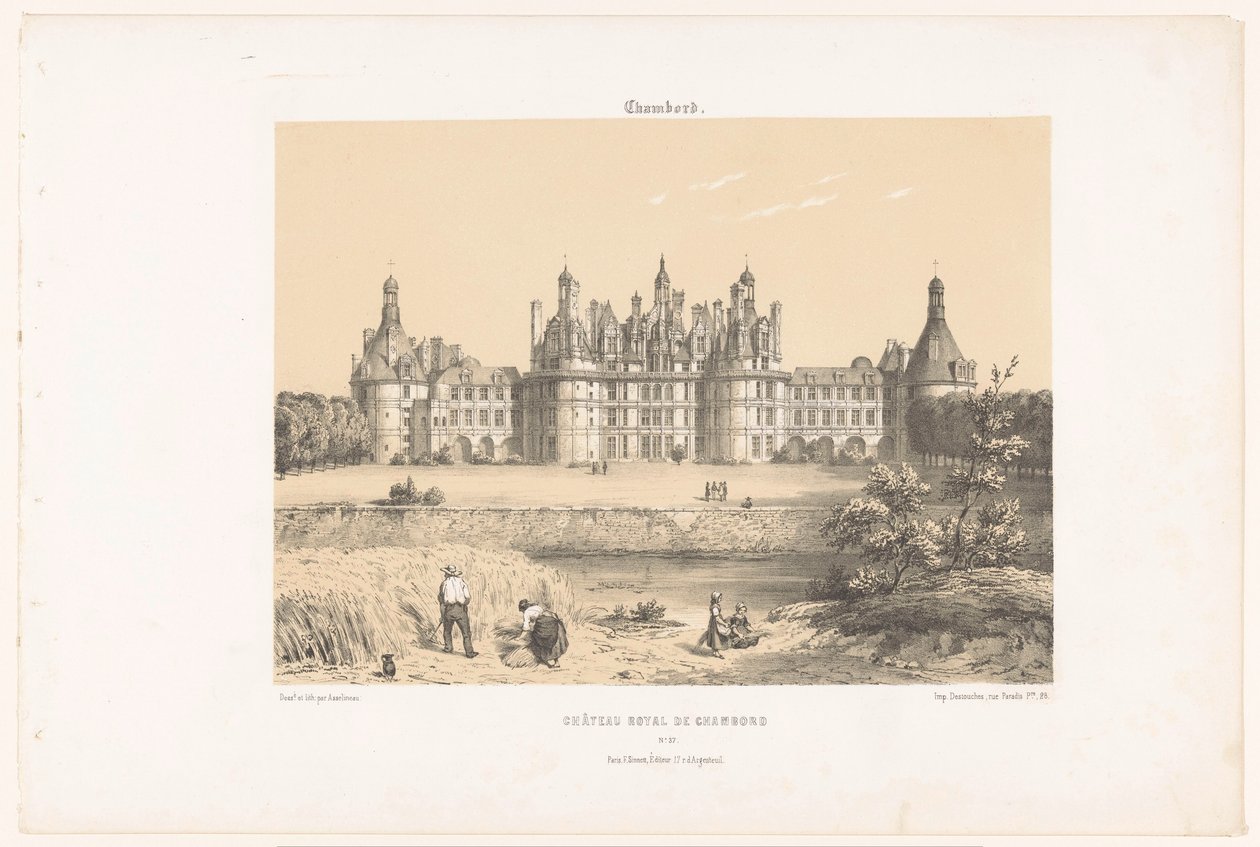 Näkymä Château de Chambordille Loire-joella Chambord. Château Royal de Chambord (otsikko esineessä) Contemporary France (sarjan nimi) La France de nos jours (sarjan nimi) tekijältä Leon Auguste Asselineau