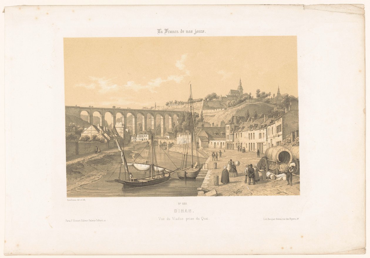 Näkymä Dinanin maasillalle laiturilta Dinan. Vue du viaduc prize du quai (nimi esineessä) Contemporary France (sarjan nimi) La France de nos jours (sarjan nimi esineellä) tekijältä Leon Auguste Asselineau