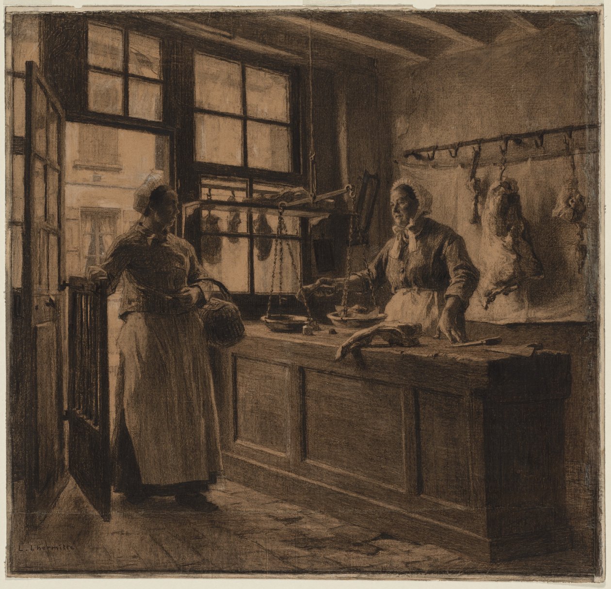 Lihakaupan sisätilat, n.1881 (hiili ja musta liitu, korotettu valkoisella liidulla). tekijältä Leon Augustin Lhermitte