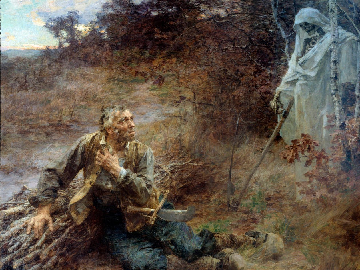 Kuolema ja metsämies Kuvitus Jean de La Fontainen (1621-1695) sadulle Leon Augustin Lhermitten (1844-1925) maalaus 1893, 2,06 x 2,42 m Chateau Thierry, museo La Fontaine - Kuolema ja puunkorjuu. Kuvitus Jean de La:n sadulle tekijältä Leon Augustin Lhermitte
