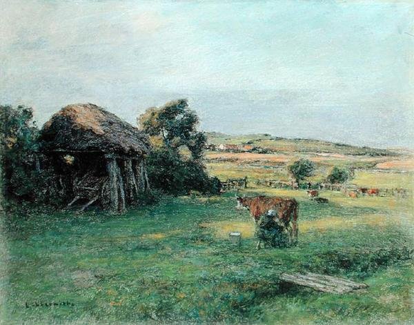 Maisema, jossa talonpoikanainen lypsää lehmää, 1880-luvun puoliväli (öljy kankaalle) tekijältä Leon Augustin Lhermitte