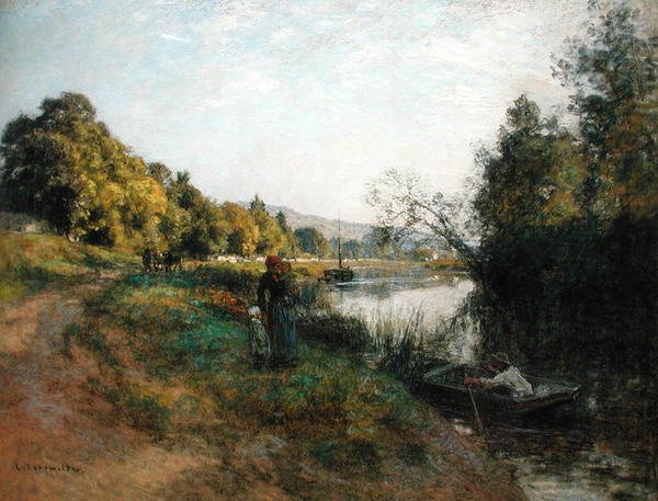 The Banks of the Marne, Return of the Fisherman, n.1907 (pastelli paperille) tekijältä Leon Augustin Lhermitte