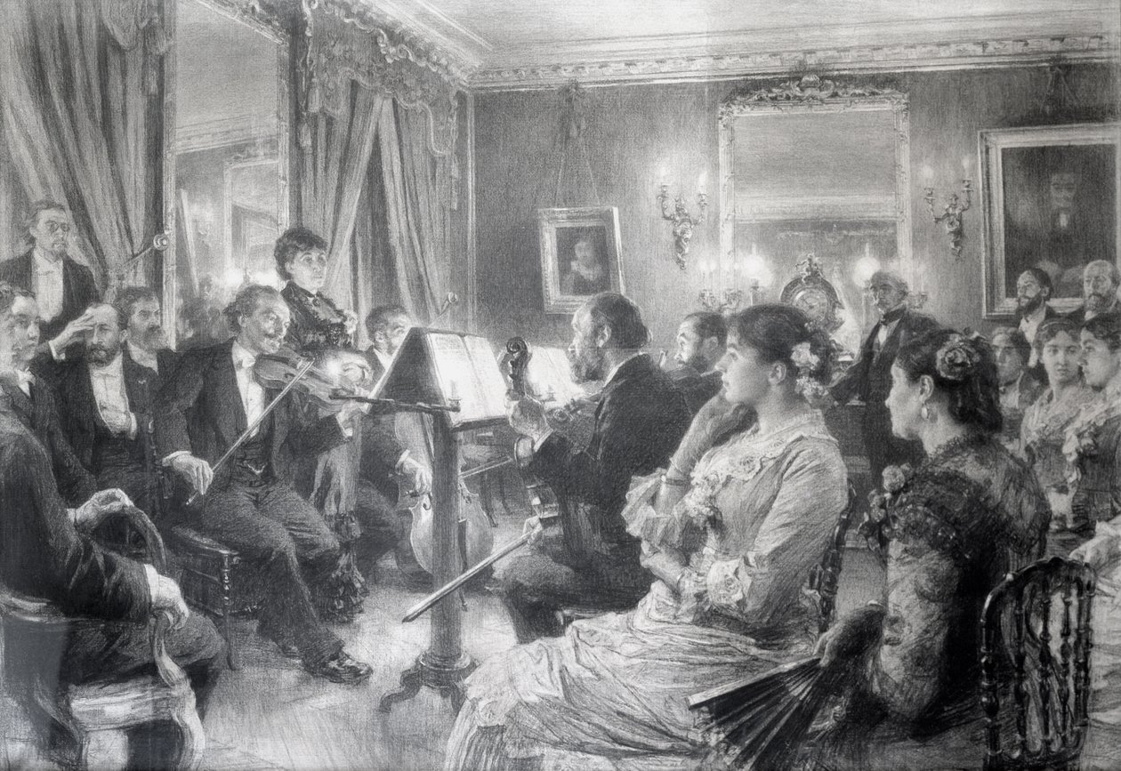 Kvartetti eli Musiikki-ilta Amaury Duvalin talossa, 1881 (hiili paperilla) tekijältä Leon Augustin Lhermitte