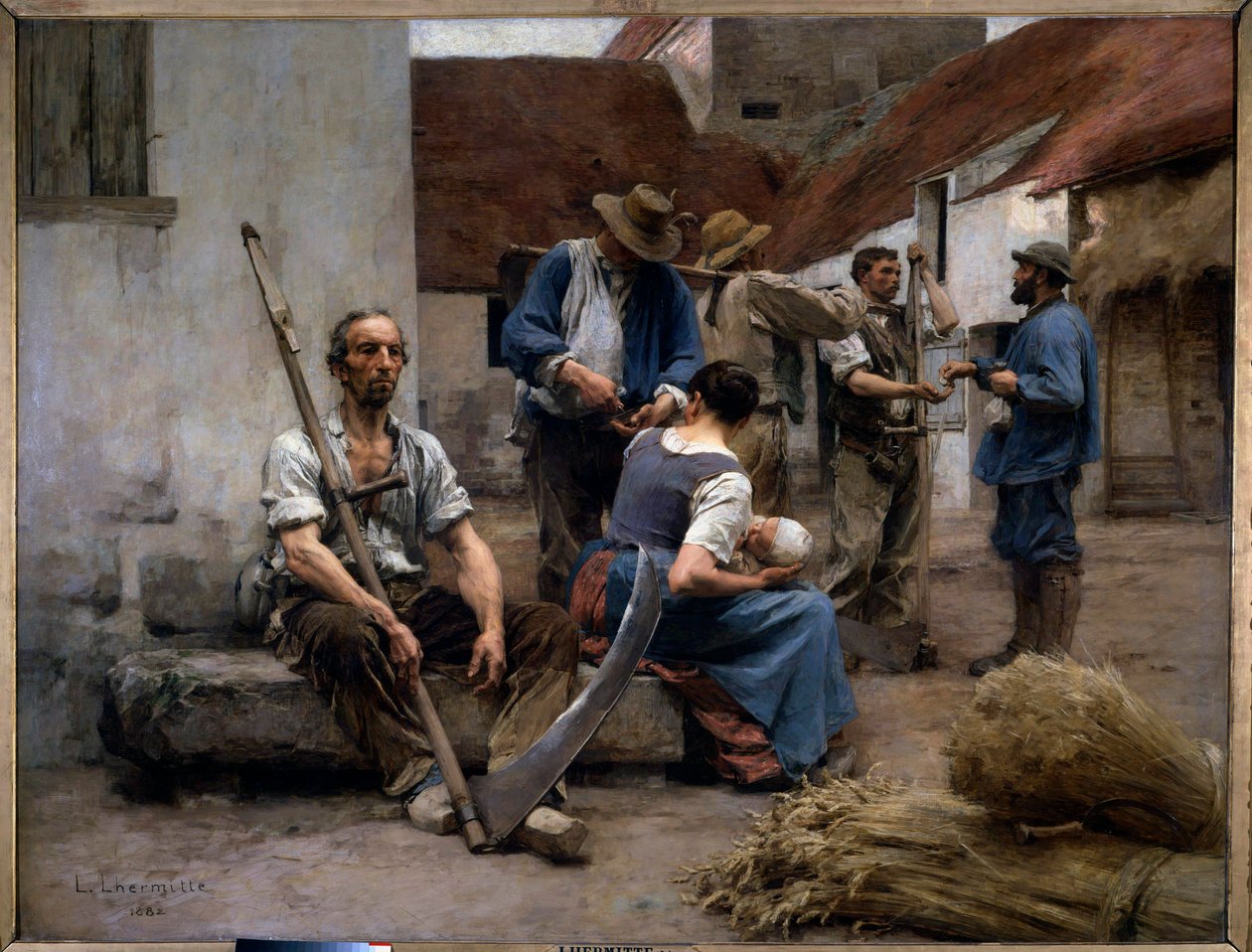 Maatilan pihalla talonpoikaisten harvesterien palkkalista, yhdessä heistä on väärennös. Leon Augustin Lhermitten (1844-1925) maalaus 1882 Su. 2,15x2,72 m Pariisi, musee d