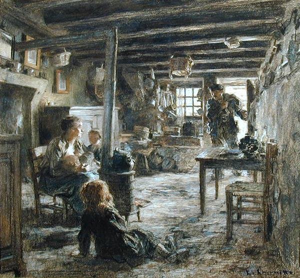 Perhe, sisustus Fonte (Isän paluu) 1887 (pastelli paperille) tekijältä Leon Augustin Lhermitte