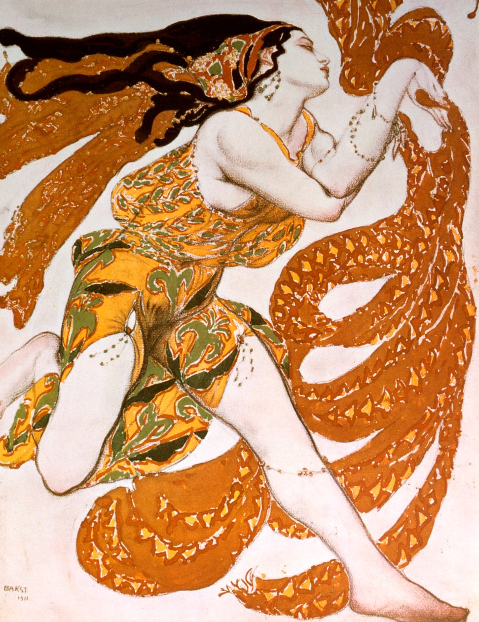 Bacchante, pukusuunnittelu Ballets Russes -tuotantoon Tcherepnins Narcisse, 1911 tekijältä Leon Bakst