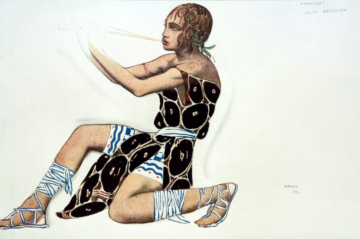 Beotien, pukusuunnittelu Ballets Russes -tuotannossa Narcisse, musiikki Tcherepnin, 1911 tekijältä Leon Bakst