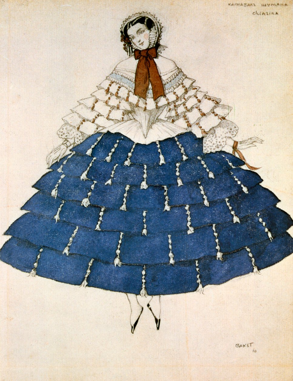 Chiarina, pukusuunnittelu Robert Schumannin säveltämän baletin karnevaaliin, 1919. tekijältä Leon Bakst