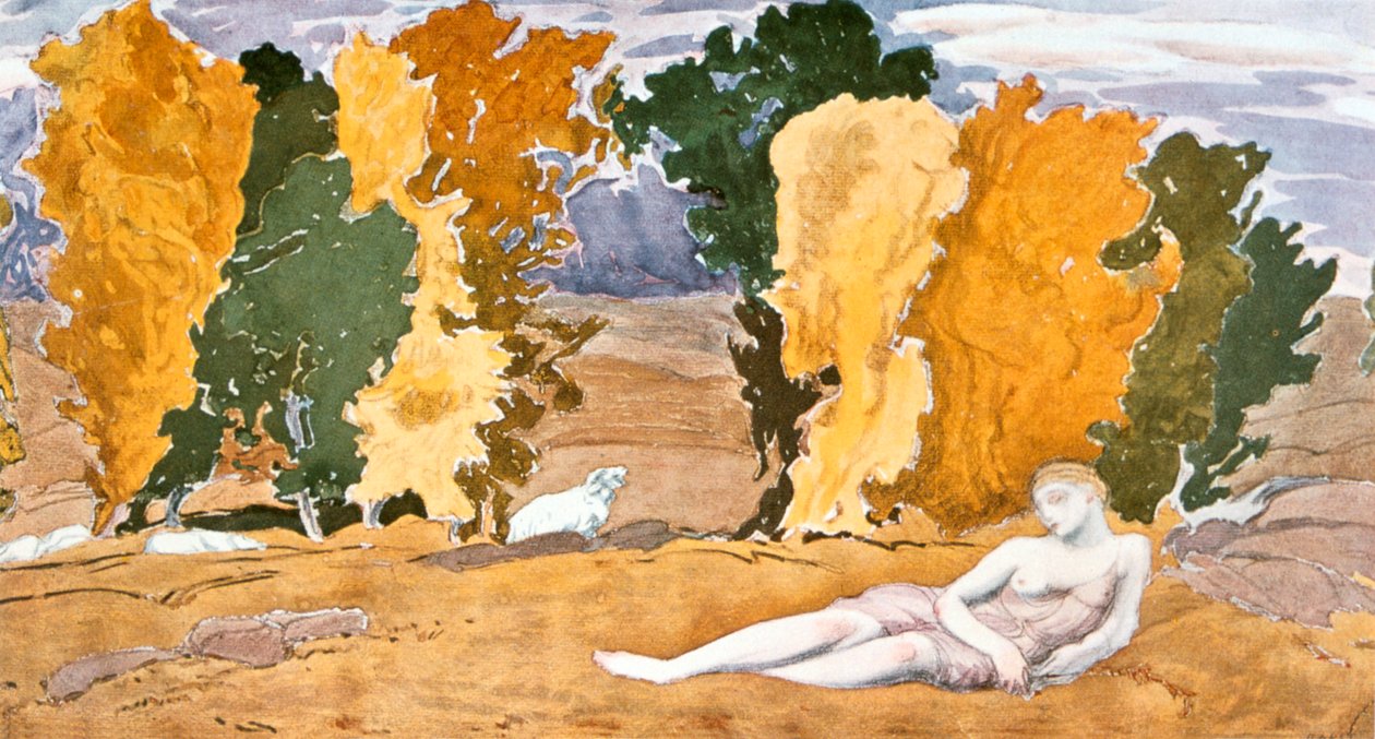 Chloe Abandoned, suunnittelu Ballet Russes -tuotannolle Ravels Daphnis ja Chloe, 1910-1911 tekijältä Leon Bakst