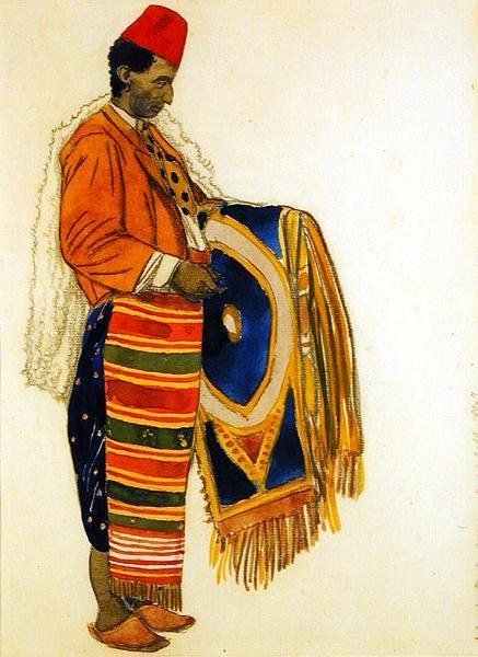 Pukusuunnittelu "Le Marchand de Tapis, Rue a Belleville" (akvarelli ja kynä paperille) tekijältä Leon Bakst