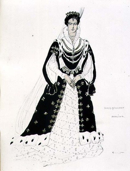 Modest Petrovich Moussorgskyn (1835-81) pukusuunnittelu Marinalle elokuvassa Boris Godunov (akvarelli paperille) tekijältä Leon Bakst