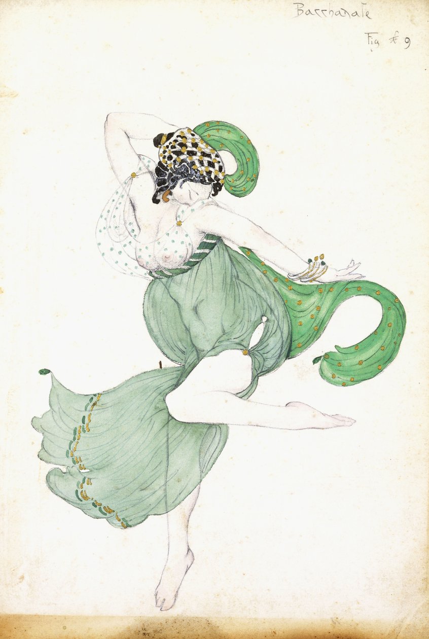Pukusuunnittelu "Bacchanalelle", solisti balerina, tekijältä Leon Bakst