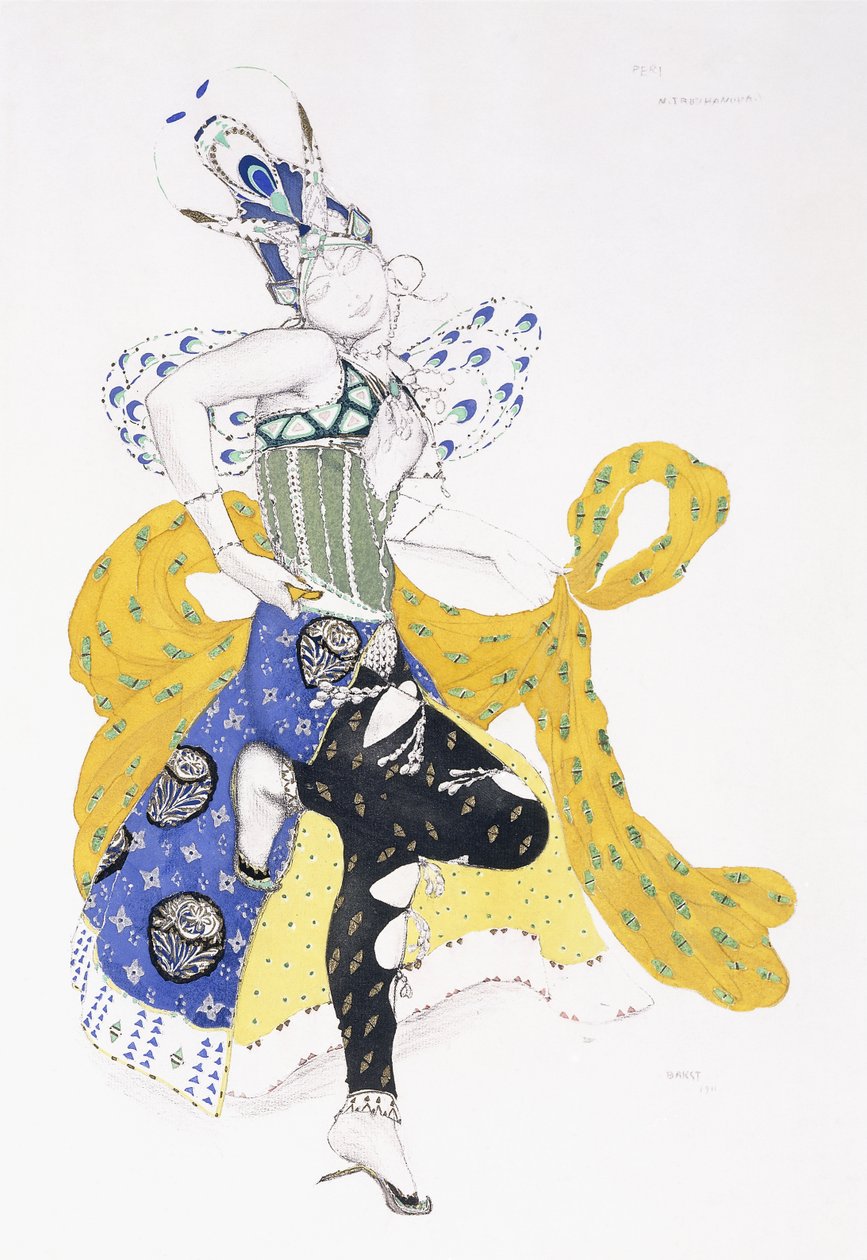 Pukusuunnittelu Madame Trouchanovalle elokuvassa "La Peri", 1911 tekijältä Leon Bakst