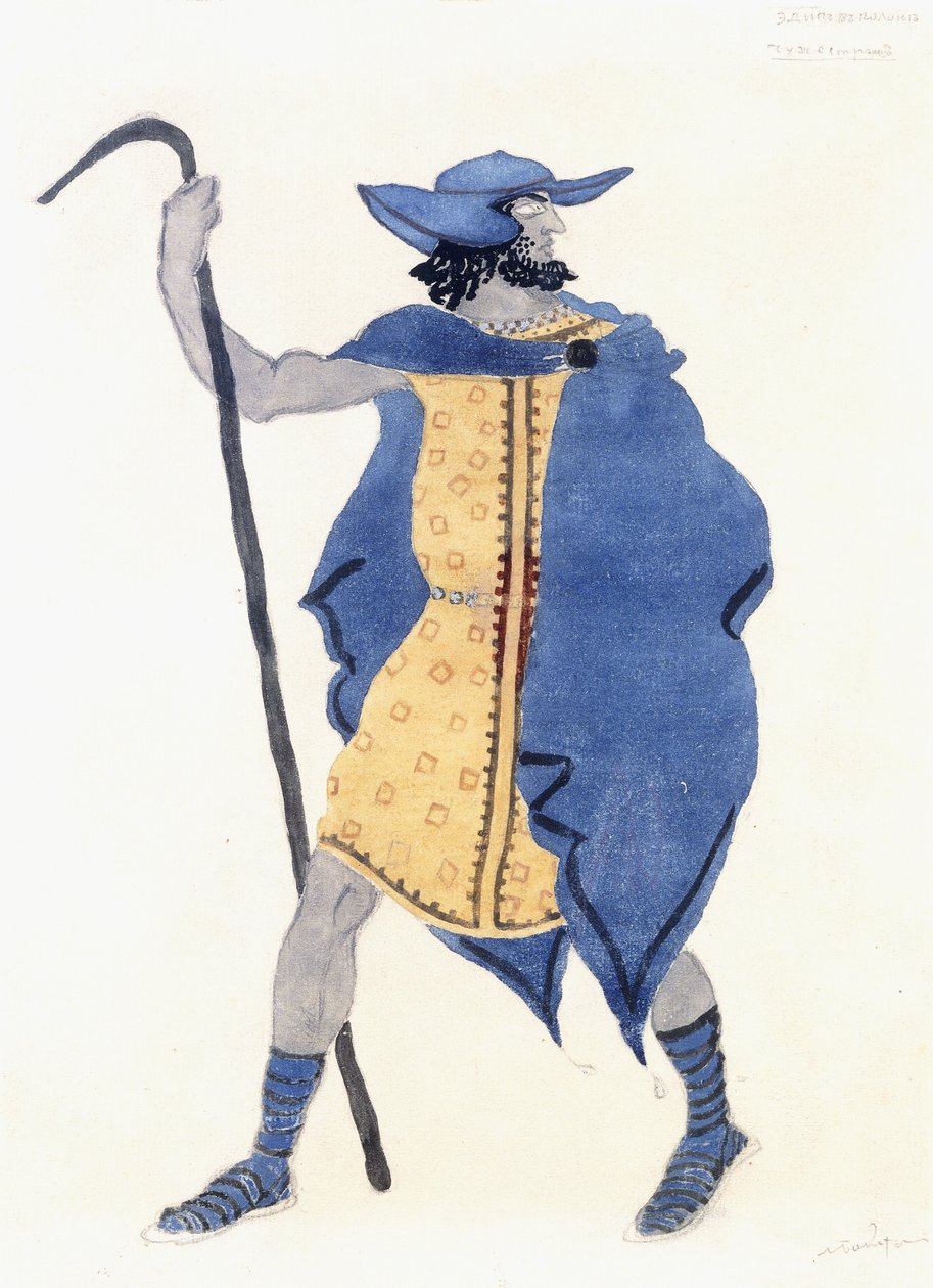 Oidipuksen pukusuunnittelu Colonus-The Strangerissa, n. 1899-1909 (lyijykynä, /c ja hopea maali paperille) tekijältä Leon Bakst
