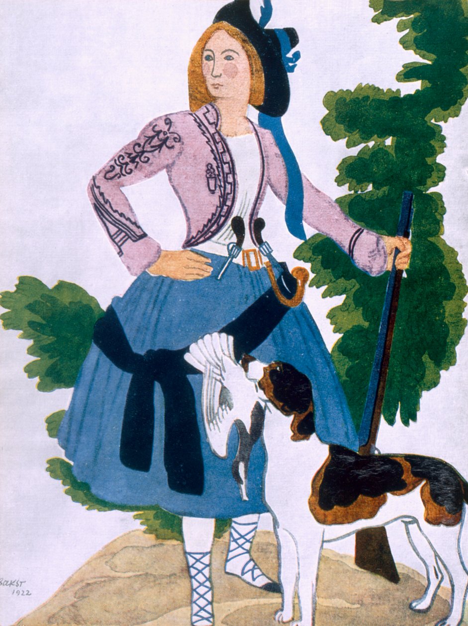 Pukusuunnittelu elokuvaan The Huntress, 1922 tekijältä Leon Bakst