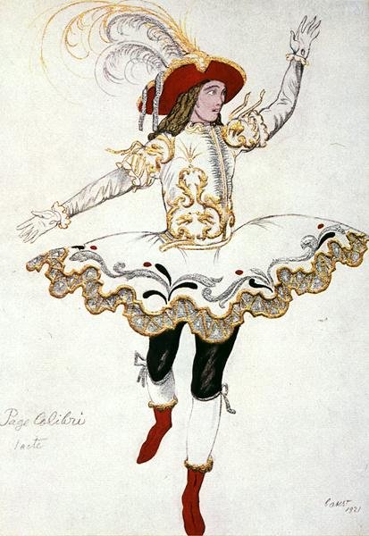 Pukusuunnittelu elokuvaan The Pageboy of the Fairy Humming Bird, Sleeping Beauty tekijältä Leon Bakst
