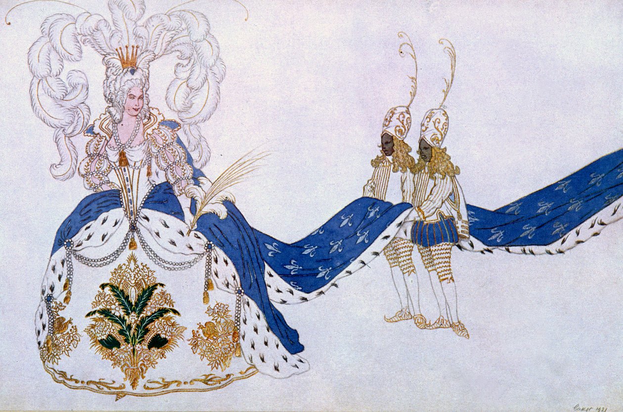 Pukusuunnittelu elokuvalle The Queen and Her Pages, Prinsessa Ruusunen, 1921 tekijältä Leon Bakst