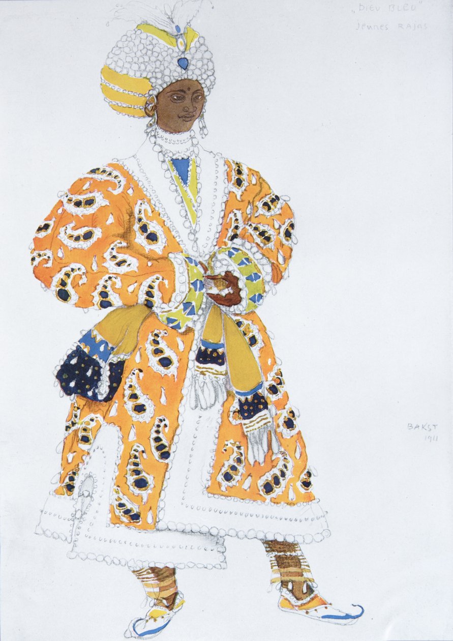 Pukusuunnittelu Vaslav Nijinskylle R. Hahnin balettisinisessä jumalassa, 1912 tekijältä Leon Bakst