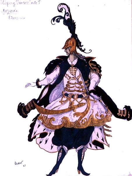 Pukusuunnittelu Mazurkaan (herrasmies), elokuvasta Prinsessa Ruusunen. tekijältä Leon Bakst