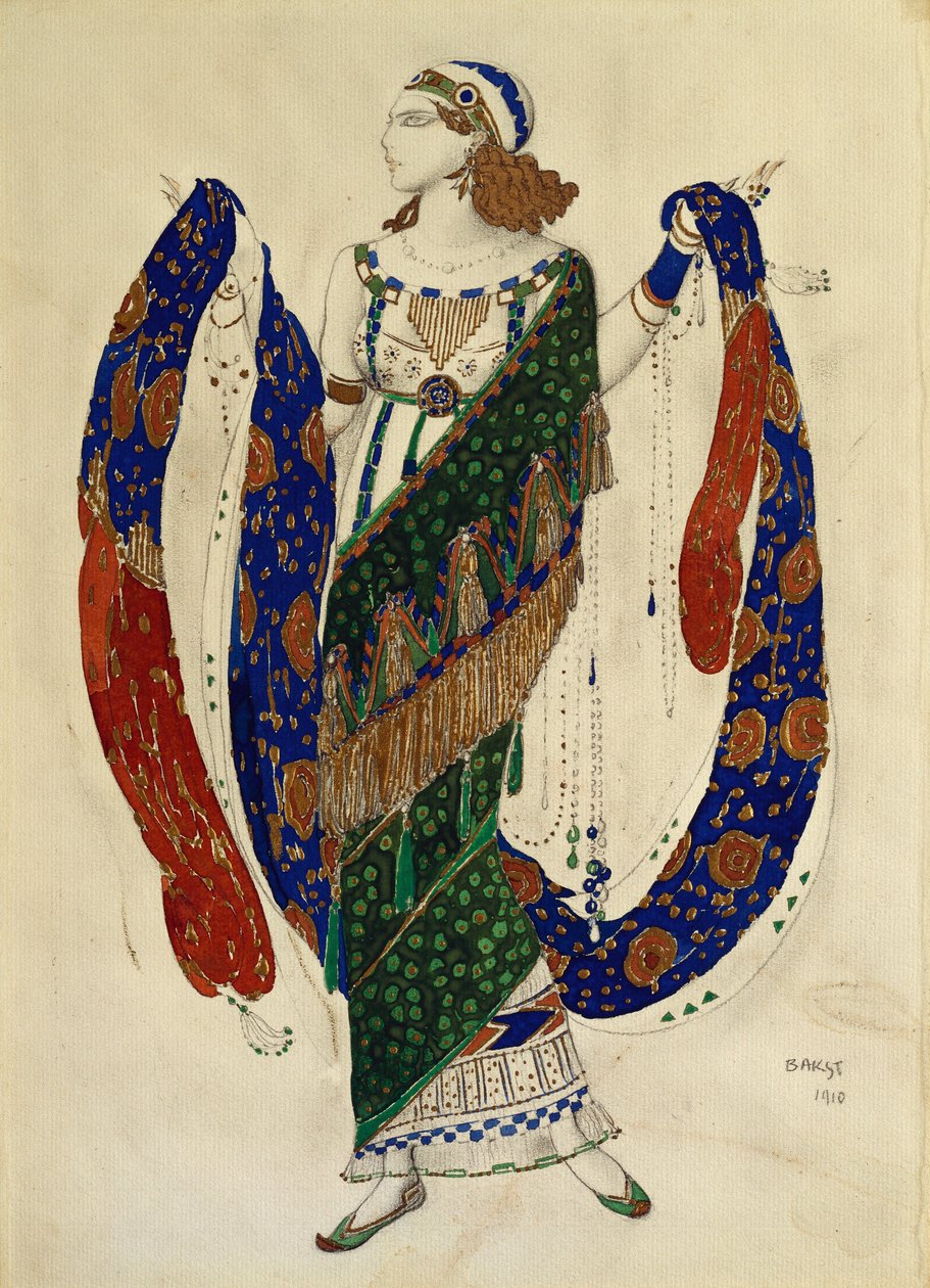 Pukusuunnittelu tanssijalle "Cleopatrasta", 1910 tekijältä Leon Bakst