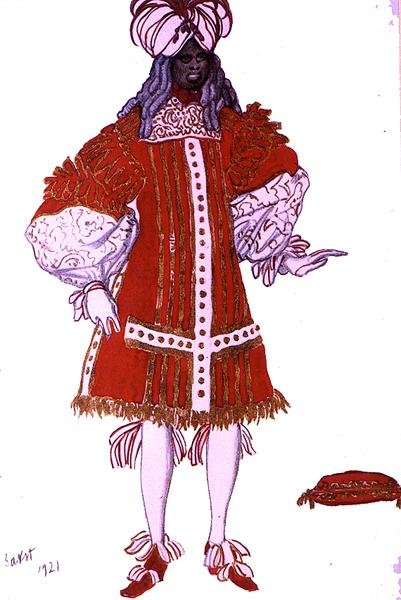 Pukusuunnittelu yhdelle Prinssin palvelijalle, Prinsessa Ruusunen tekijältä Leon Bakst