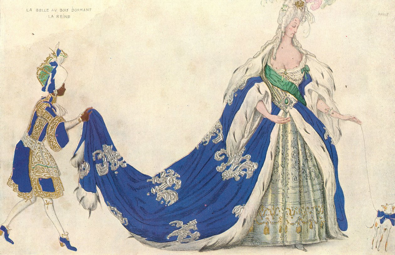 Pukusuunnittelu kuningattarelle elokuvassa "Sleeping Beauty", 1921 (wc ja guassi paperilla) tekijältä Leon Bakst