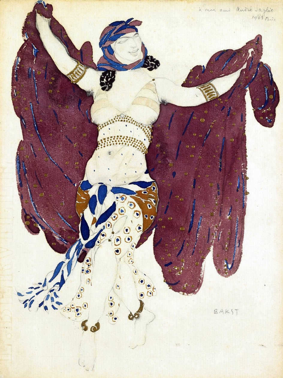 Pukusuunnittelu A. Arenskyn Kleopatra-balettiin - Bakst, Leon (1866-1924) - 1909 - Vesiväri, guassi paperille - 28x21,5 - Yksityiskokoelma tekijältä Leon Bakst