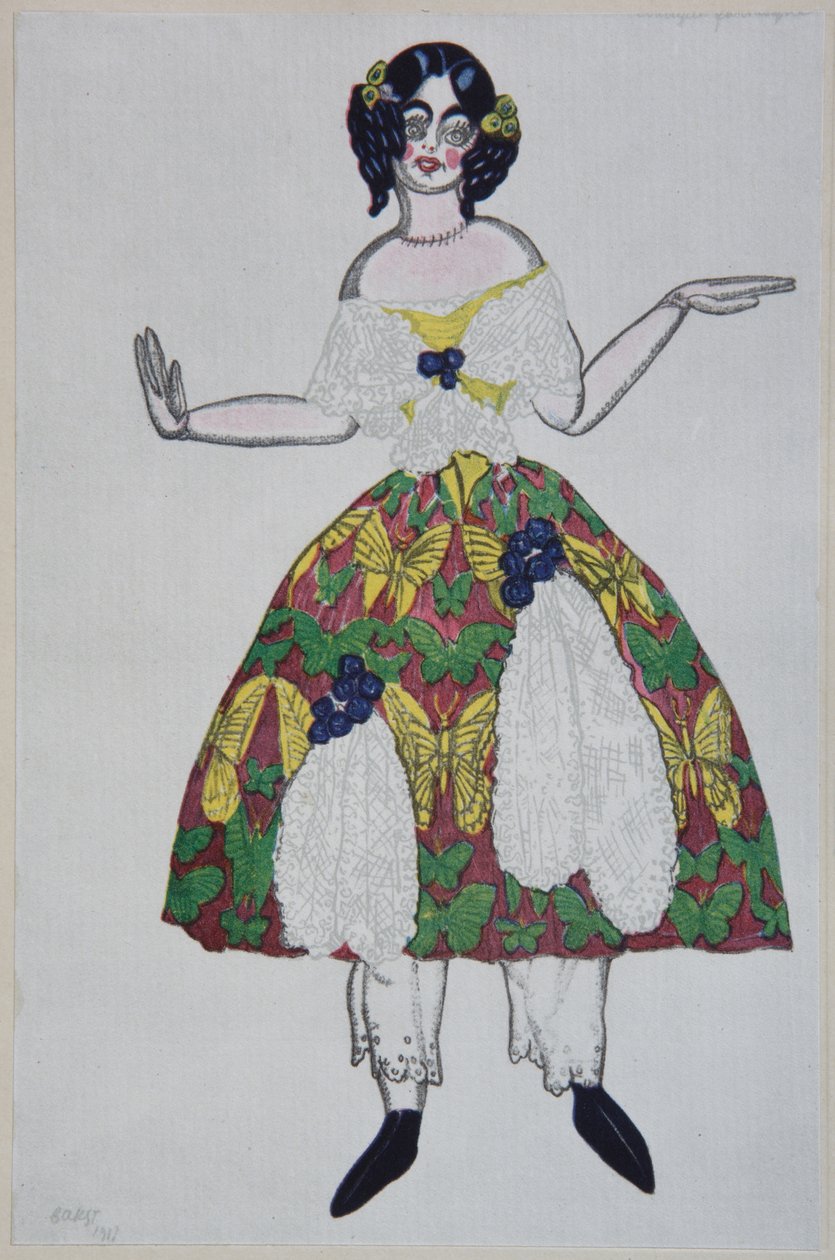 Pukusuunnittelu G. Rossinin balettiin The Magic Toy Shop, 1919 tekijältä Leon Bakst