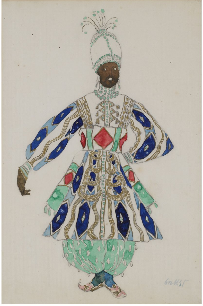 Pukusuunnittelu revyyn Aladin tai Wonderful Lamp tekijältä Leon Bakst