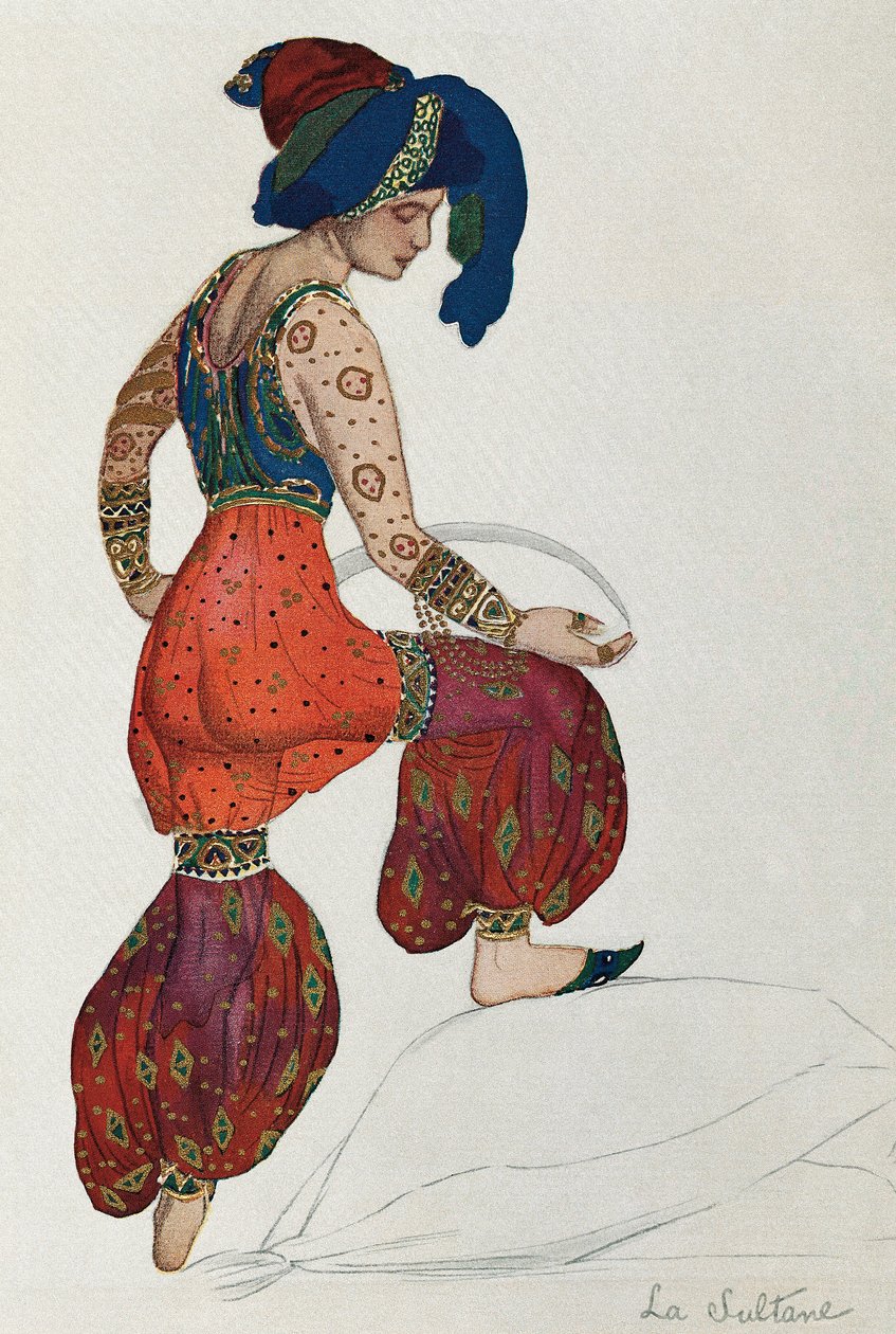 Vaslav Nijinskyn tai Nijinskyn (1889-1950) puku sultaanin hahmolle baletissa "Sheherazade" 1910 (akvarelli paperille) tekijältä Leon Bakst