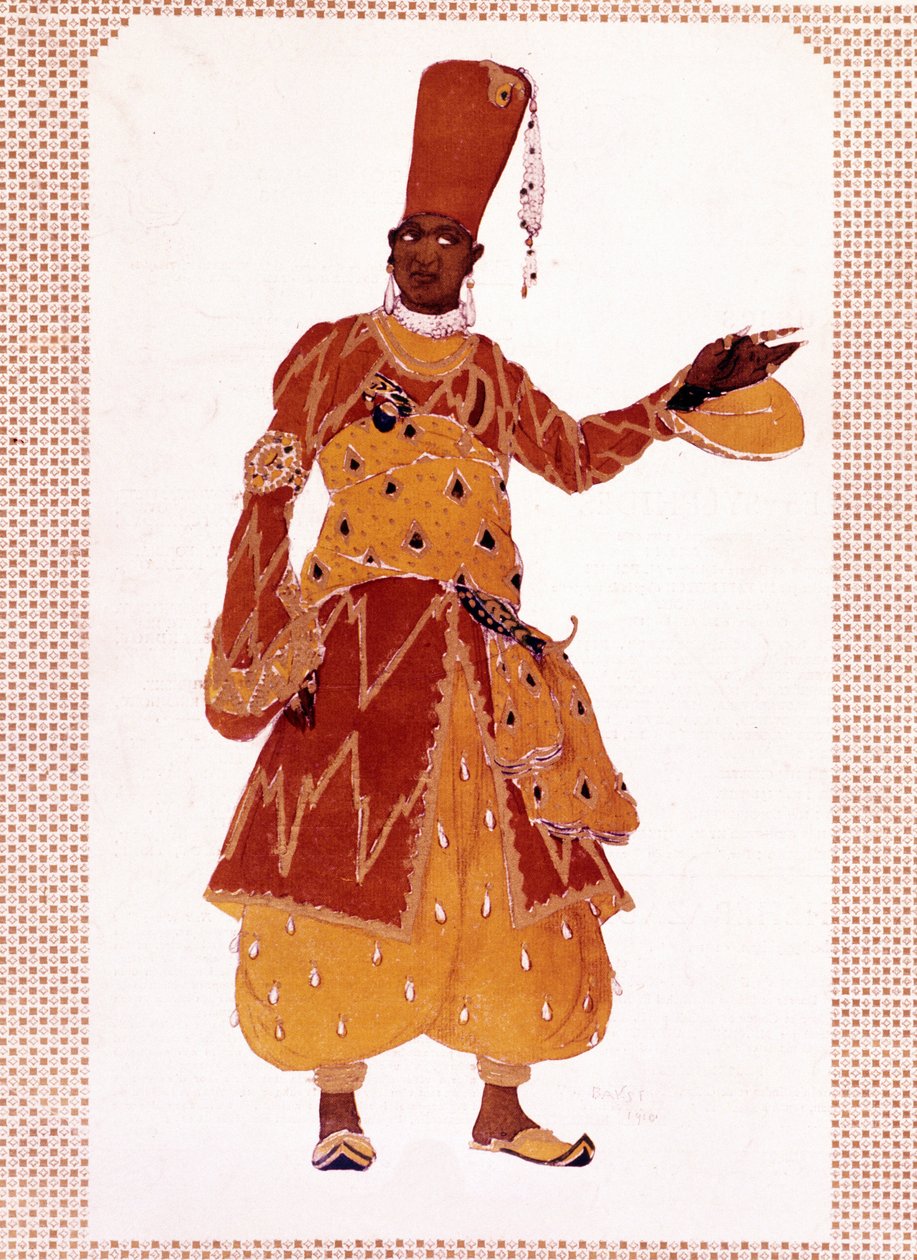 Lev Samoilovich Rosenbergin piirtämä Suuren Eunukin puku nimeltä Leon Bakst (1866-1924) Nikolai Andrejevitš Rimski-Korsakovin (Rimski Korsakov tai Rimski Korsakov) säveltämää balettia "" Sheherazade" (tai Scheherazade) varten. tekijältä Leon Bakst