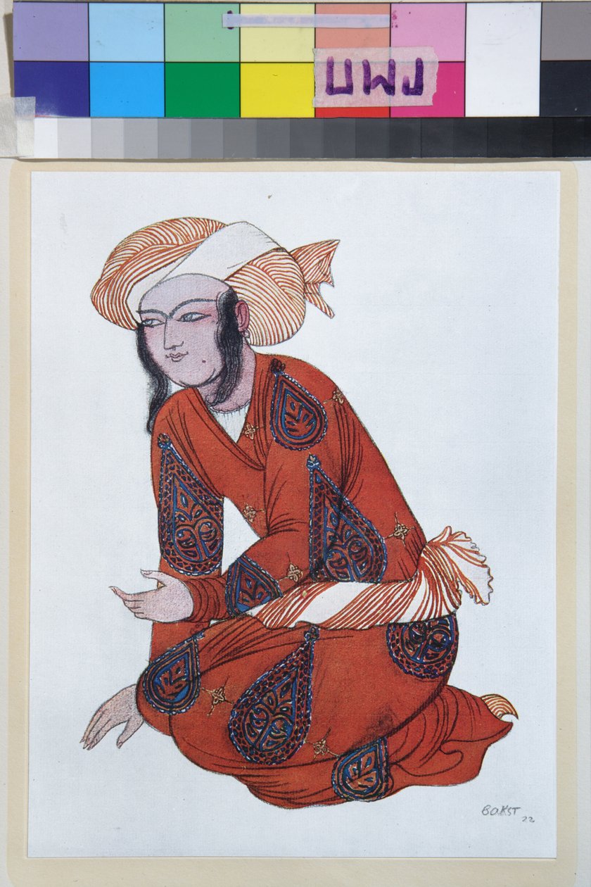 Puku Nikolai Rimski Korsakovin (Rimski-Korsakovin) (1844-1908) balettiin Sheherazade - Leon Bakstin (1866-1924) työ, litografia 1922 - (Nikolaji Rimski Korsakovin balettiin Sheherazade, Leon Bakst, Väri lith tekijältä Leon Bakst