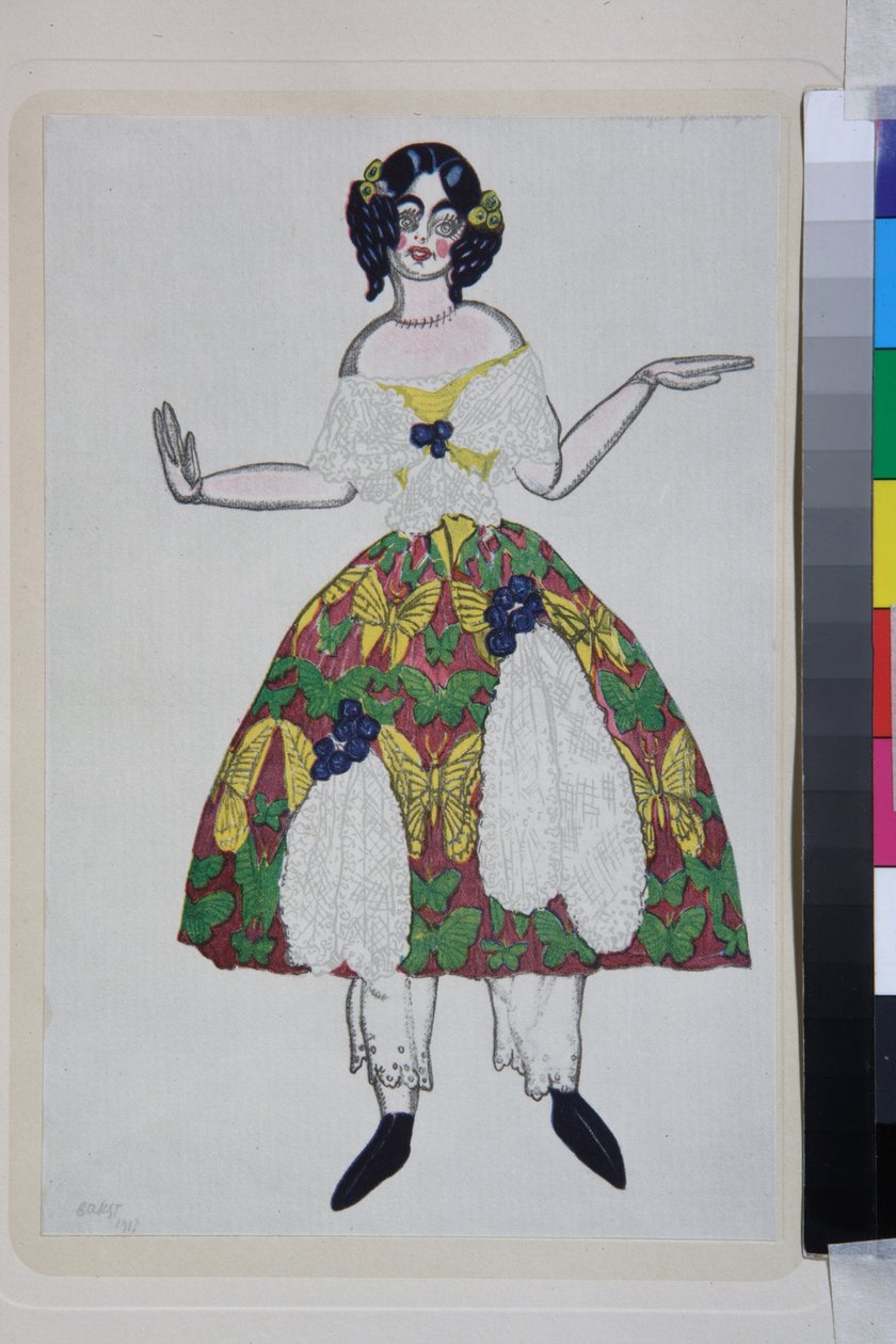 Puku Gioachino Rossinin balettiin La boutique fantasque - Leon Bakstin (1866-1924) teos, litografia 1919 - (Pukusuunnittelu Gioachino Rossinin balettiin "The Magic Toy Shop", Leon Bakst, värilitografia tekijältä Leon Bakst