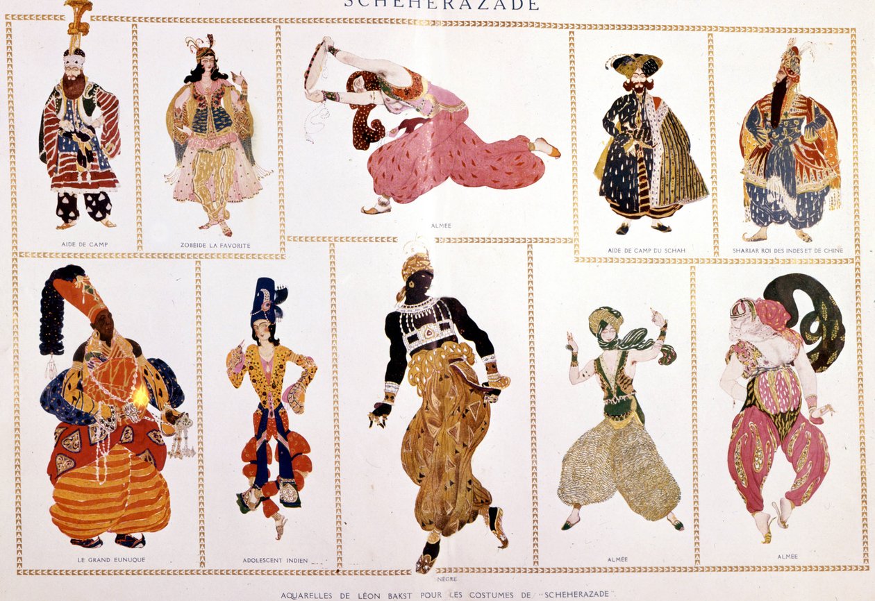 Puvut "" Queen""" (Sheherazade). kirjoittanut Nicholas (Nicholas) Rimsky Korsakov (Rimski-Korsakov) (1844-1908), ohjannut Leo Bakst. tekijältä Leon Bakst