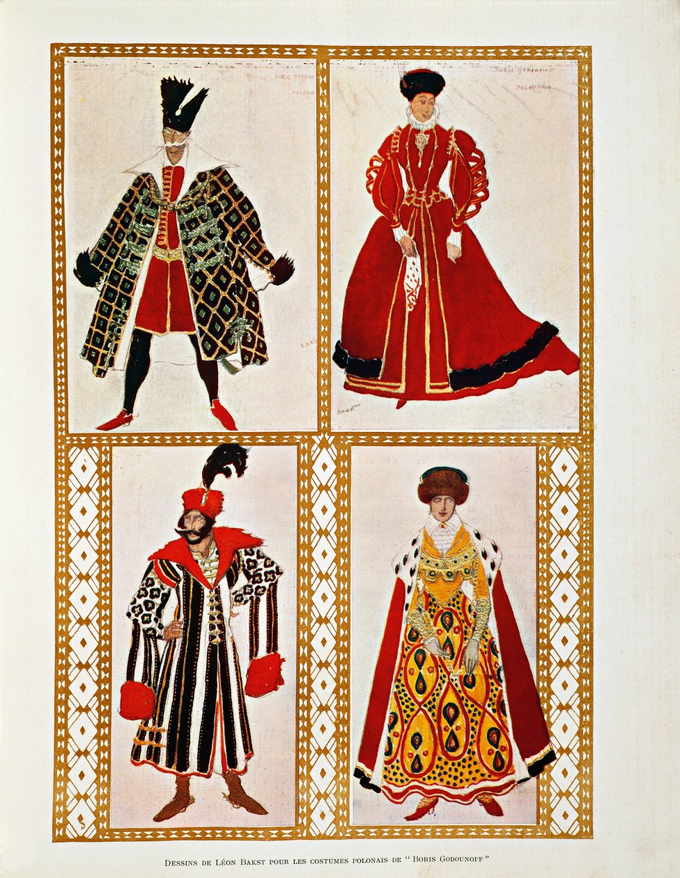 Modest Mussorgskin asut poloneesille Boris Godunov (akvarelli) tekijältä Leon Bakst