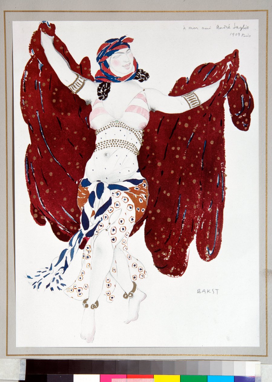 ""Dancer"" -asu, jonka on suunnitellut Leon Bakst (1866-1924) Ballets Russesin balettia ""Cleopatre"" varten tekijältä Leon Bakst