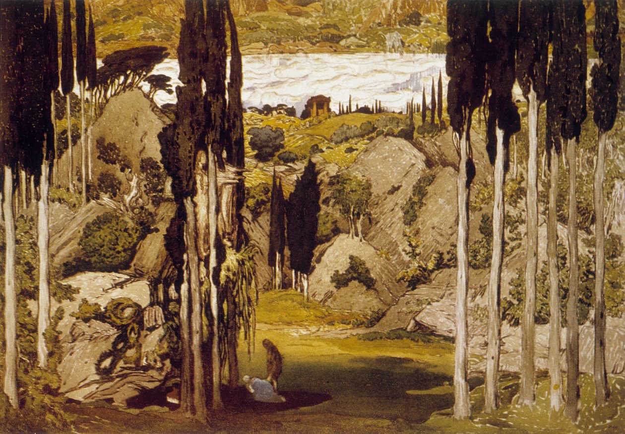 Léon Bakstin, venäläisen taidemaalari ja sisustaja, alkuperäiseen akvarelliin perustuva sisustus Maurice Ravelin balettiin "Daphnis et Chloé" tekijältä Leon Bakst