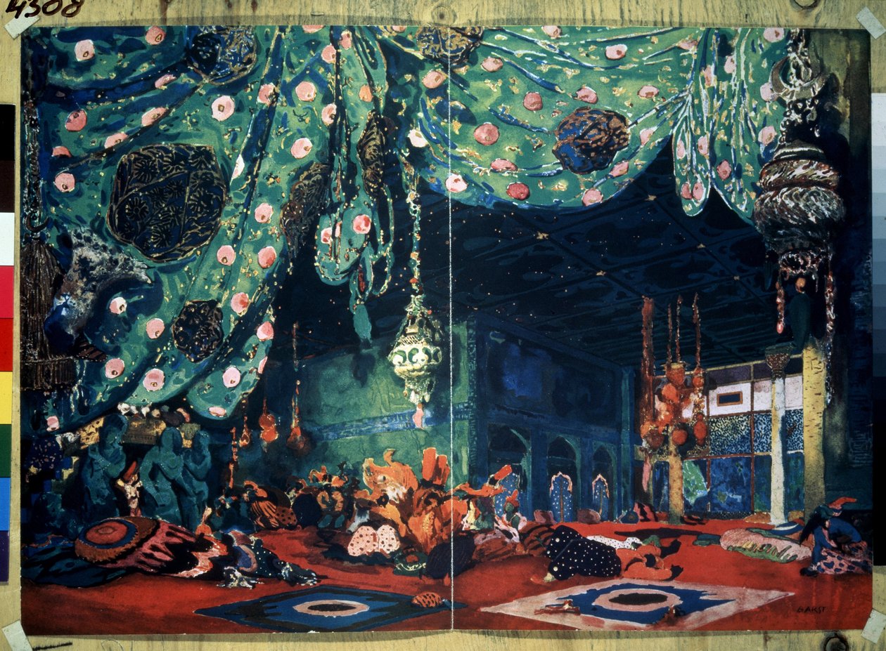 Lavastus Nicolas (Nikolai) Rimski Korsakovin (Rimski-Korsakov) (1844-1908) balettiin "Sheherazade" Tuhannen ja yhden yön tarinoiden jälkeen. (N.Rimski Korsakovin (Rimski-Korsakovin) Sheherazade-baletin lavasuunnittelu. Leon Bakstin piirustus (1866-1). tekijältä Leon Bakst