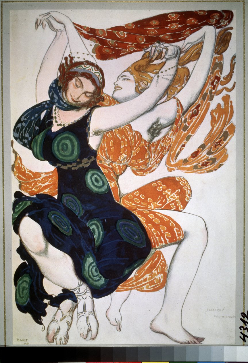 Kaksi beotiennea, puku Nikolai Tcherepninin (Nicolas Tcherepnin) (1873-1945) balettiin "Narcisse" (Kaksi beotiennea, pukusuunnittelu N. Tcherepninin Narcisse-balettiin). Piirustus Leon Bakst (1866-1924). Akvarelli, guassi, kulta ja hopea päällä tekijältä Leon Bakst