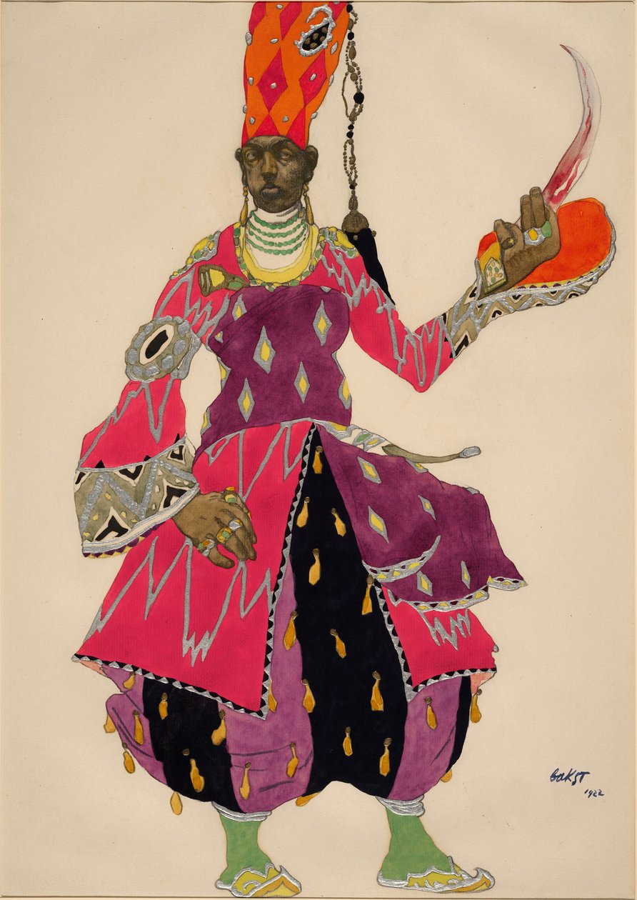 Eunukki "Eunukki" -asu Nicholas Rimsky Korsakovin (Rimski-Korsakov) balettiin Sheherazade 1922 (akvarelli). Puku Nicholas (Nikolai) Rimski Korsakovin (Rimski-Korsakov) balettiin Sheherazade (1844-1908) tekijältä Leon Bakst