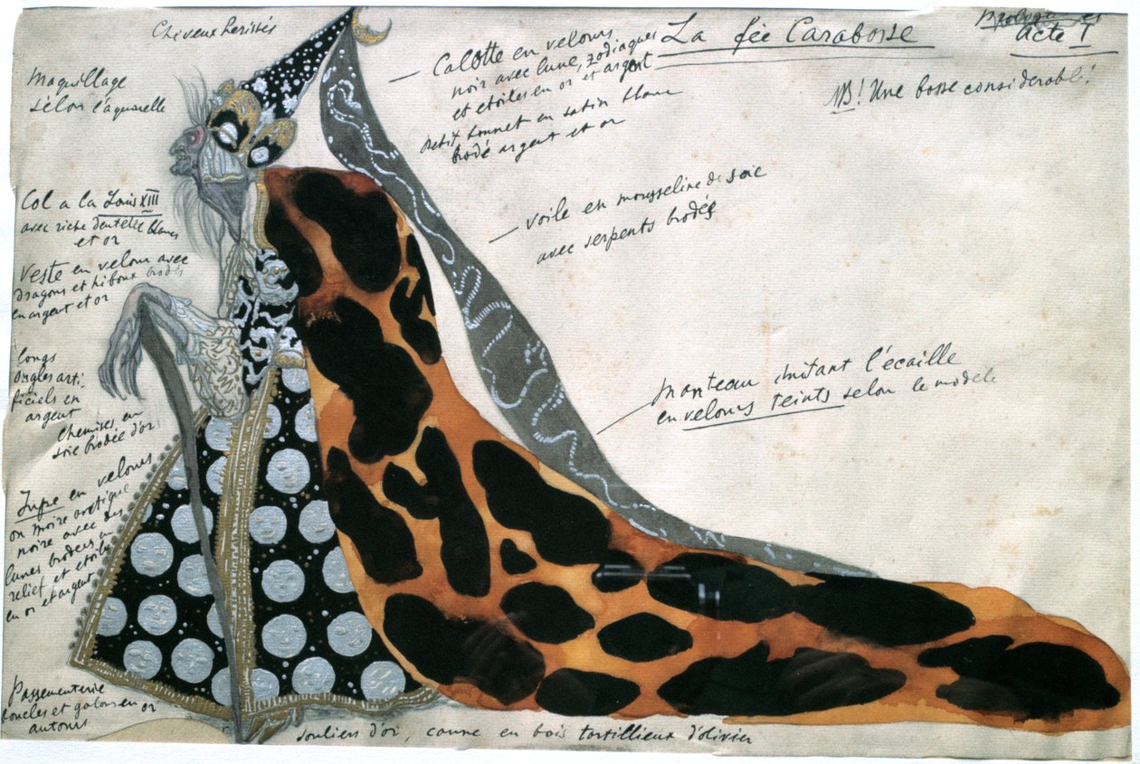 Keiju Carabosse, pukusuunnittelu Tšaikovskin baletille Prinsessa Ruusunen, 1800-luvun alku tekijältä Leon Bakst