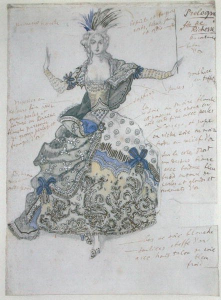 La Belle au Bois Dormant, "La Fee de Richessen" pukusuunnittelu (akvarelli lyijykynällä korotettu valkoisella ja kullalla paperille) tekijältä Leon Bakst