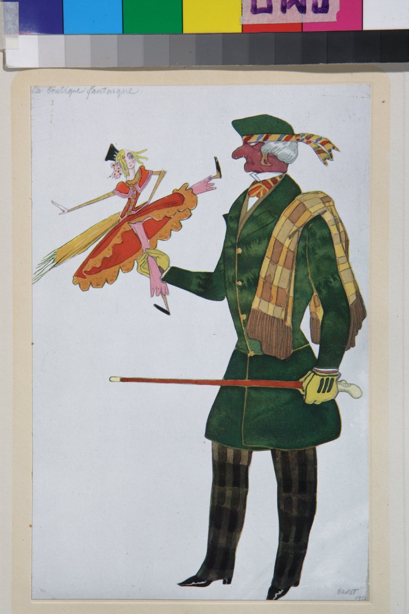 Englantilainen, puku Gioachino Rossinin balettiin la boutique fantasque - Leon Bakstin (1866-1924) teos, litografia 1919 - (Pususuunnittelu Gioachino Rossinin balettiin "The Magic Toy Shop", Leon Bakst, väri litografia tekijältä Leon Bakst