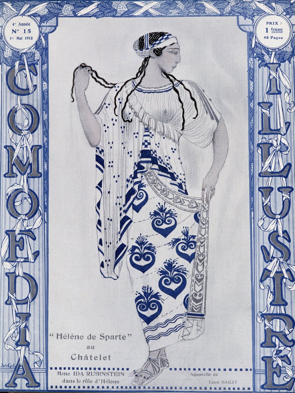 Les Ballets Russes: Helen of Sparta Chateletissa, neiti Ida Rubinstein Helenin roolissa - akvarelli Bakst, cov. in "" Comoedia illustrated"" tekijältä Leon Bakst