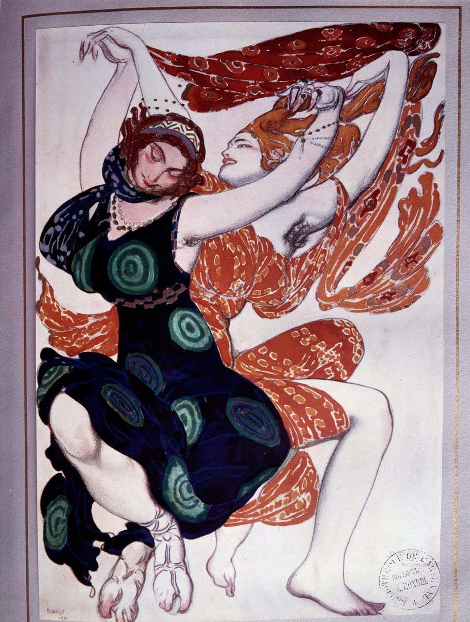 Les bacchantes -koreografia Vaslav Nijinskin (1889-1950) elokuvasta "Faunin iltapäivä" Claude Debussyn (1862-1918) "Prelude the Afternoon of a Faun" jälkeen tekijältä Leon Bakst
