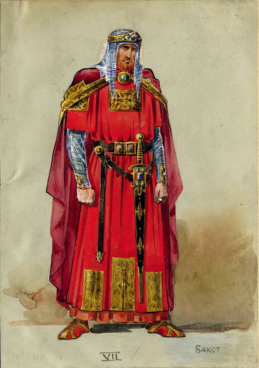 Keskiaikainen prinssi, pukusuunnittelu (akvarelli ja guassi paperille) tekijältä Leon Bakst