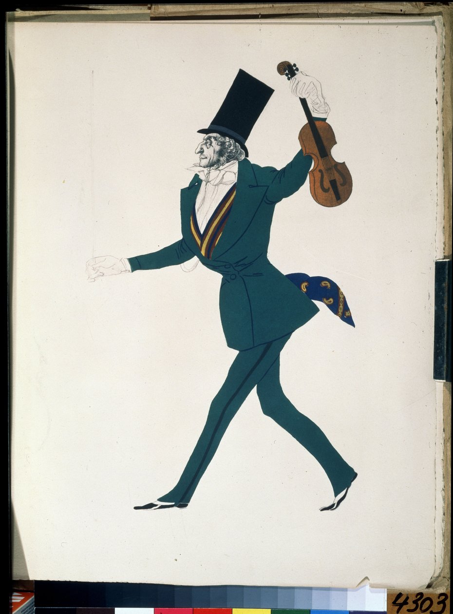 Niccolo Paganini (1782-1840), puku Frederic Chopinin (1810-1849) balettiin "The Magic Night" (Niccolo Paganini, pukusuunnittelu F. Chopinin balettiin The Magic Night). Piirustus Leon Bakst (1866-1924). Guassi ja muste paperille tekijältä Leon Bakst