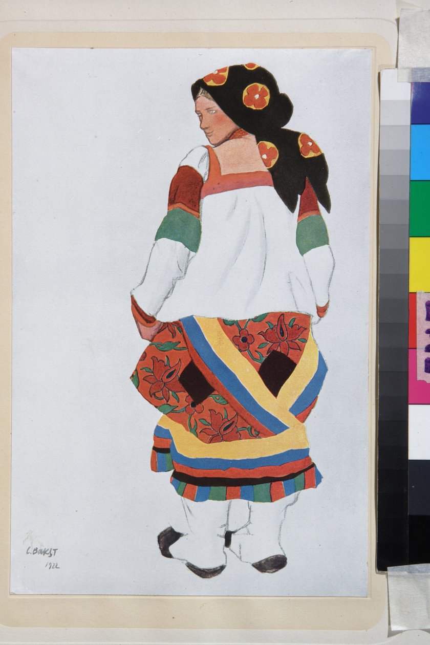 Talonpoikanainen, pukusuunnittelu Vaudevillen vanhaan Moskovaan, Femina-teatterissa, Pariisi (Ranska) - Leon Bakstin (1866-1924) teos, litografia 1922 - (Talonpoikanainen, Pukusuunnittelu Vaudevillen vanhaan Moskovaan, Theatre Feminassa Pariisissa, kirjoit tekijältä Leon Bakst