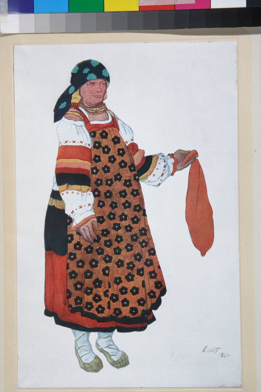 Talonpoikanainen, pukusuunnittelu Vaudeville Old Moskovaan, Theatre Feminassa Pariisissa tekijältä Leon Bakst