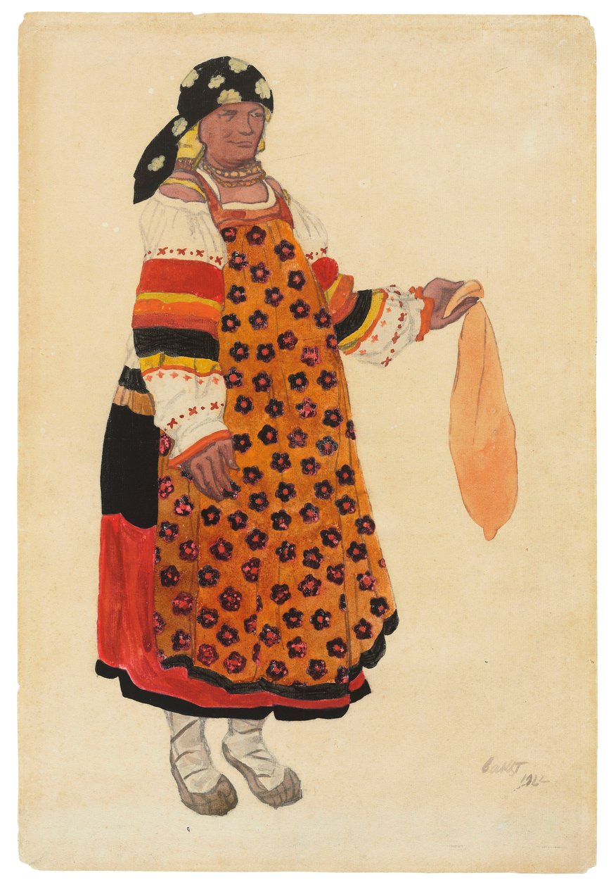 Talonpoikanainen. Pukusuunnittelu Vaudeville Old Moskovaan Théâtre Feminassa, Pariisissa, 1922. tekijältä Leon Bakst